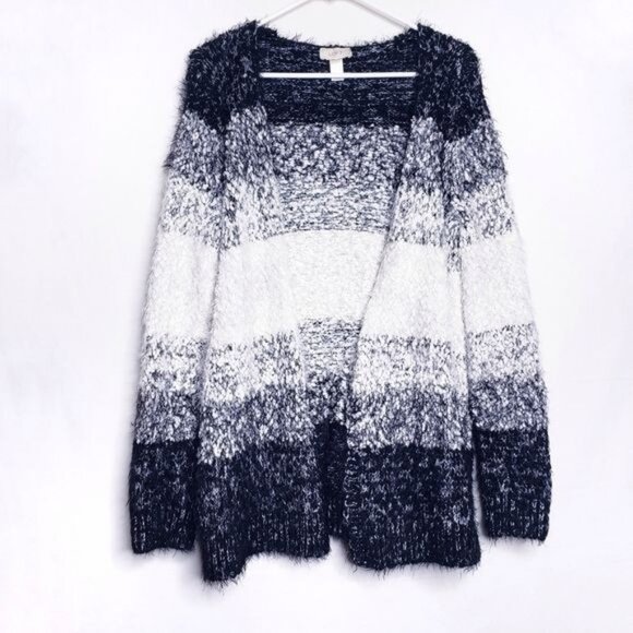 Loft Black & White Stripe Open Front Fuzzy Eyelash Cardigan Women's Size Small - Picture 1 of 7